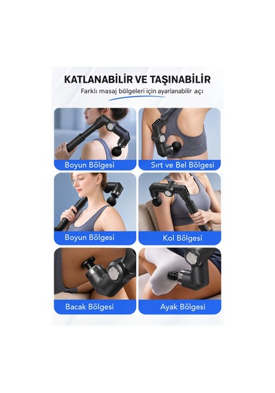 Ayarlanabilir Açılı Masaj Tabancası - Uzatma Kollu 6 Hız Kademeli Kas Tüm Vücut Masaj Aleti Siyah