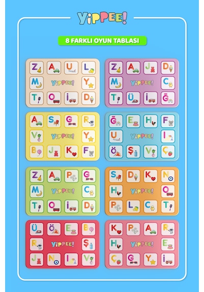 Çocuk Tombala Alfabe Temalı Ham Bez Kese 8 Tabla 50 Pul 60 Parça