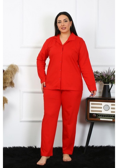 Akbeniz Kadın Büyük Beden Pamuklu Cepli Düğmeli Kırmızı Pijama Takım 202401-kırmızı Kırmızı