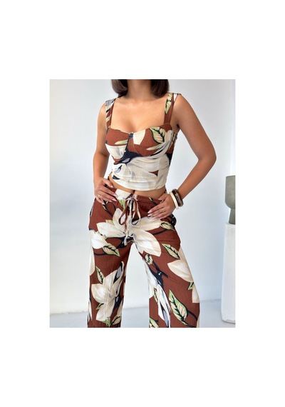 Evoa Kadın Magnolia Desenli Crop Ve Pantolon Takım Kahverengi Kahverengi