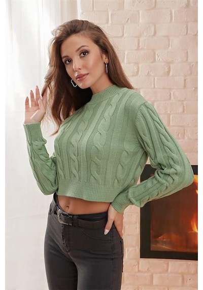 Yarım Balıkçı Yaka Saç Örgülü Kısa Crop Mint Kazak Mint