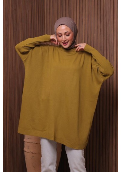 Balenbi Kadın Dik Yaka Basic 80cm Salaş Oversize Triko Tunik 1145 Hardal