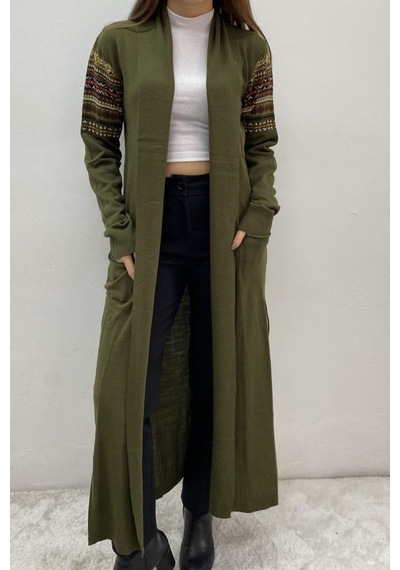 Onno Style Women Kilim Desen Uzun Hırka Haki