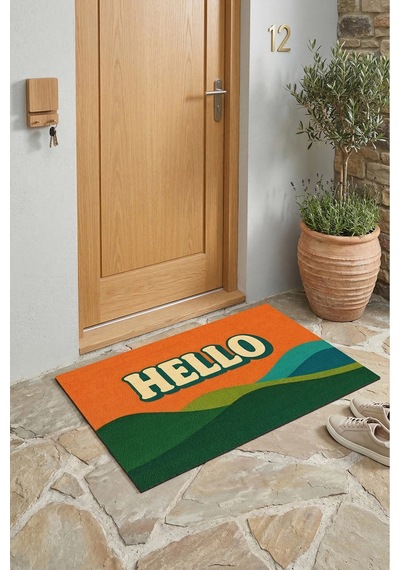 Valerine Life Hello Retro Vintage Çizgili Dijital Baskılı Ev Ofis İşyeri Dış Kapı Önü Paspası 45x70c Kahverengi
