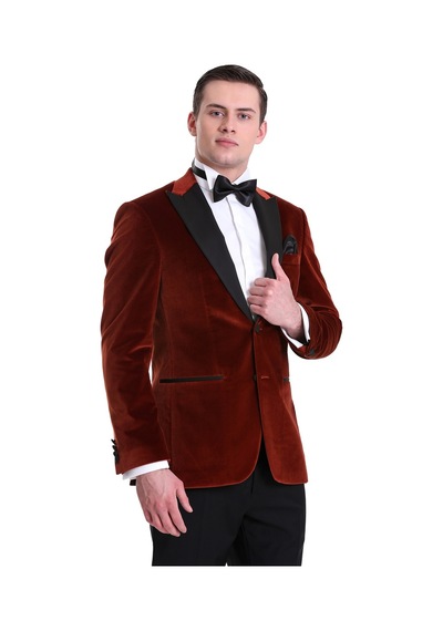 Hatemoğlu Kiremit Slim Fit Düz Sivri Yaka Kadife Klasik Smokin Damatlık 33 Kahverengi