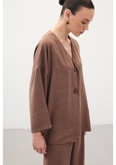 Sateen Düğmeli Kimono - Kahve-136354 Kahve