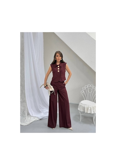 Modanida Bordo Düğme Detaylı Kolsuz Bluz Ve İspanyol Paça Pantolon Palazzo Takım Bordo Bordo Modanida Bordo Düğme Detaylı Kolsuz Bluz Ve İspanyol Paça Pantolon Palazzo Takım Bordo Bordo