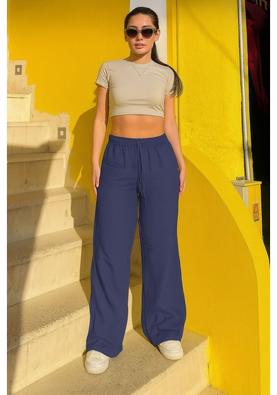 Trendy Mall Sofya Keten Bol Kesim Pantolon Mavi Mavi