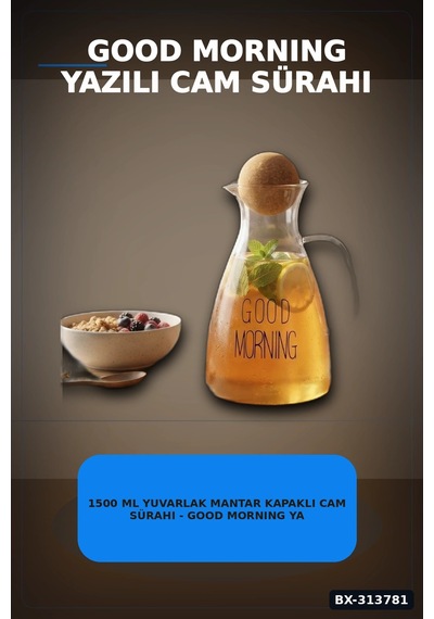 1500 Ml Yuvarlak Mantar Kapaklı Cam Sürahi - Good Morning Yazılı - Bulaşık Makinesi Uyumlu Bx-313781 Diğer