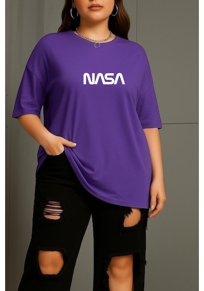 Büyük Beden Nasa Baskılı Unisex Tişört Mor
