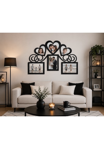 Kişiye Özel Kalpli Aile Fotoğraf Çerçevesi 45x33 Cm 6 Mm Mdf Duvar Dekoru Siyah