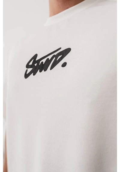 Erkek Tişört Yazlık Baskılı Oversize Kısa Kol T-shirt - Beyaz