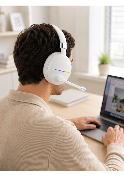 Kablosuz Bluetooth Mikrofonlu Beyaz Kulaklık Rgb Işıklı