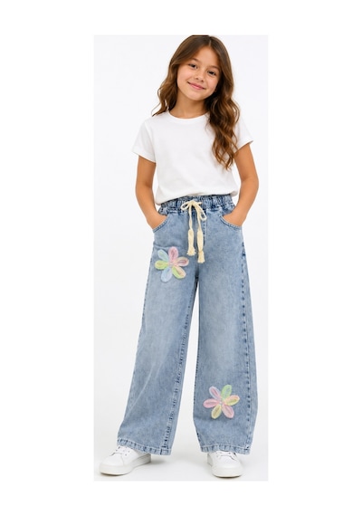 İrem Çocuk Giyim Kız Çocuk Çiçek Aplikeli Beli Lastikli Geniş Paça Model Mavi Renk Kot Pantolon Mavi