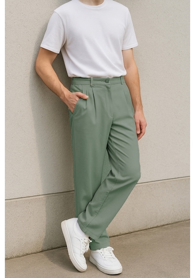 Cedy Denim Yüksek Kalite Erkek Yüksek Bel Pileli Baggy Chino Pantolon C358 Yeşil