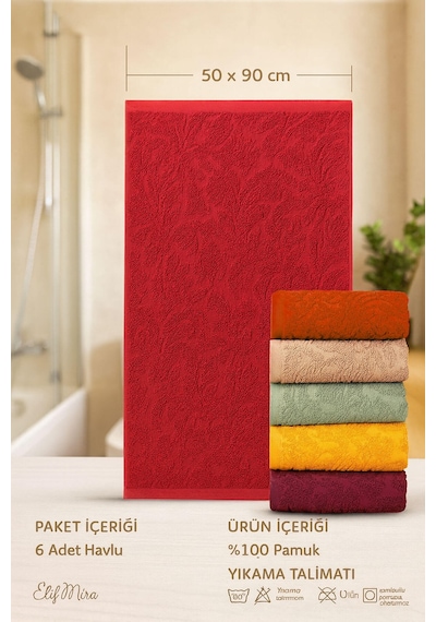 6 Lı El Yüz Renkli Havlu Seti %100 Pamuklu 50x90 Cm Velora Koleksiyon Fuşya