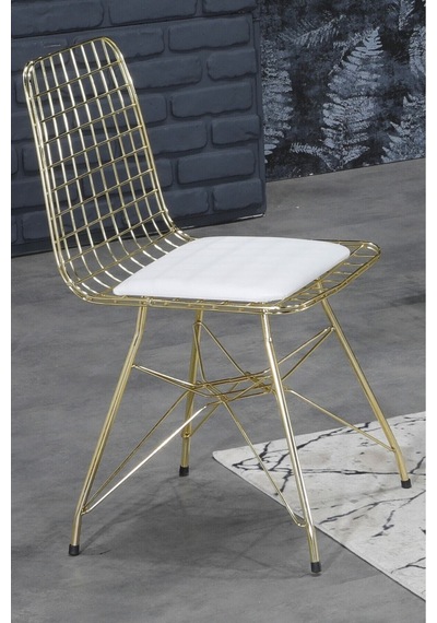 Avvio 90x90 Ella 4 Kişilik Beyaz Mermer Görünümlü Metal Mutfak Masası Takımı-gold Tel Sandalyeli 90x90 Cm Beyaz