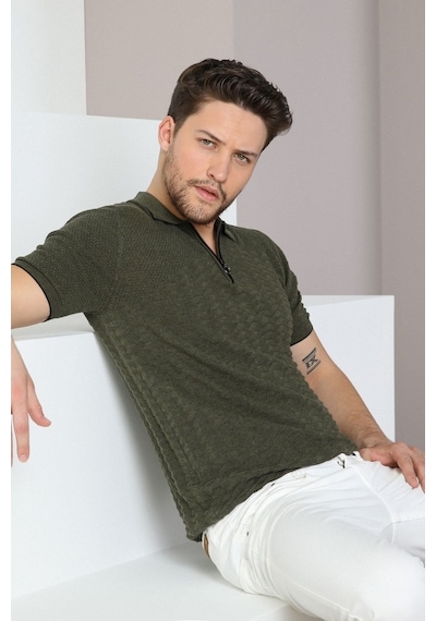 Ferraro Haki Polo Yaka Fermuarlı Erkek Pamuk Triko T-Shirt-Haki (417942120) Haki