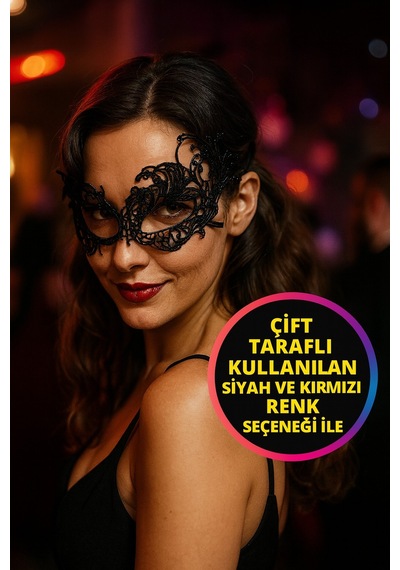 Çift Taraflı Dantel Maskeli Siyah Kırmızı Renk Seçenekli Şık Masquerade Yüz Aksesuarı Parti Stil Model - 7