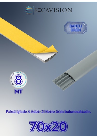70x20 Yapışkan Bantlı Balık Sırtı Kablo Kanalı- Gri- 8 Mt 70x20 Mm