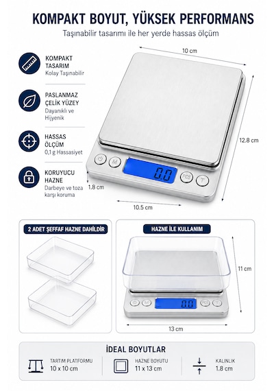 Dijital Hassas Mutfak Tartısı 3000 G Kapasiteli 0,1 G Hassasiyetli Lcd Ekranlı 6 Ölçüm Birimli Açık Gri
