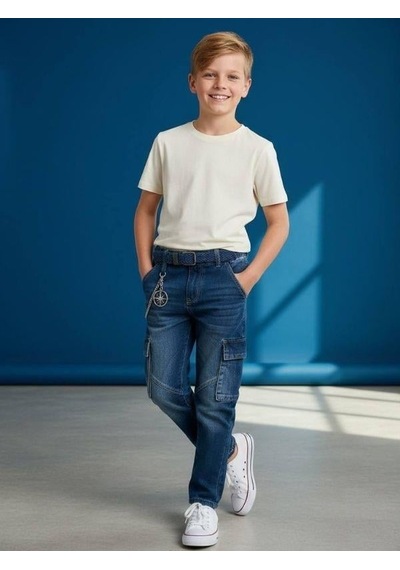 Zekids Erkek Çocuk Kargo Cepli Beli Lastikli Denim Pantolon-16638 Renkli