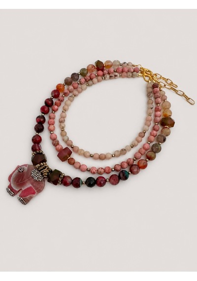 El Yapımı Pembe Opal, Rodonit & Pembe Akik Doğal Taş Kolye Seti