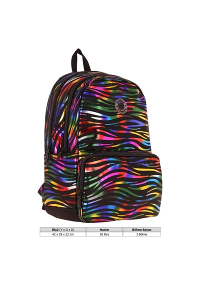 Kaukko Shine Üç Bölmeli Siyah Çok Renkli Zebra Desenli Sırt Çantası - K1780 Siyah