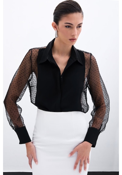 Sateen Organze Detaylı Gömlek - Siyah-135968 Siyah