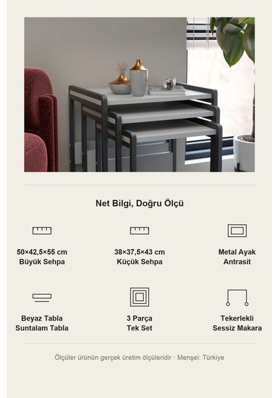 Vela 3'lü Zigon Sehpa Metal Karkas, İç İçe Geçen Sehpa Seti Beyaz