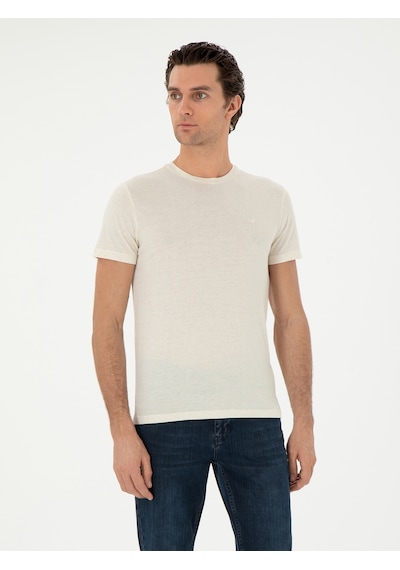 Ekru Slim Fit Keten Karışımlı Bisiklet Yaka T-shirt 15469610