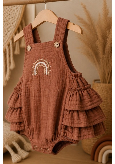 Mnk Baby & Kids Gökkuşağı Detaylı %100 Pamuk Müslin Bebek Tulum M00852 Kahverengi
