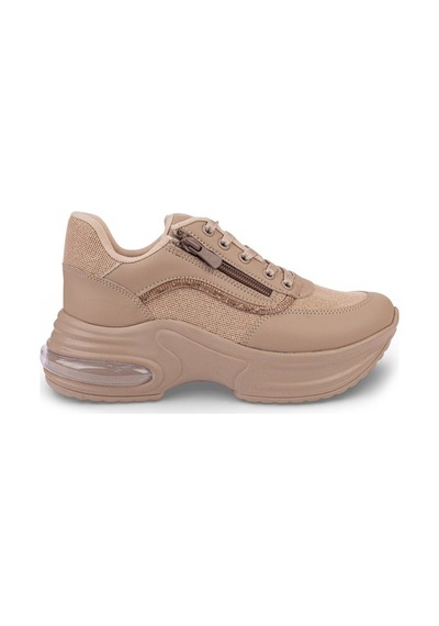 Modalendo 1511-26 Cilt Deri Simli Şeritli Anatomik Bağcıklı Kadın Sneaker Bej