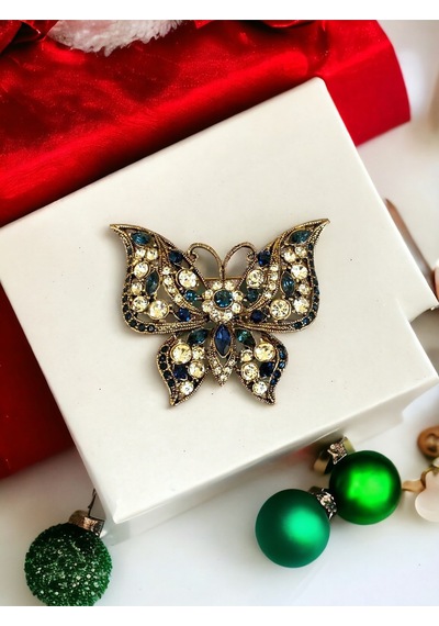 Black Diamond Swarovski Taşlı Kelebek Broş Mavi