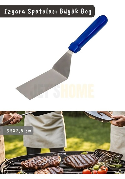 Barbekü Spatulası Paslanmaz Izgara Spatulası Çelik Hamburger Spatulası 34 Cm Gri