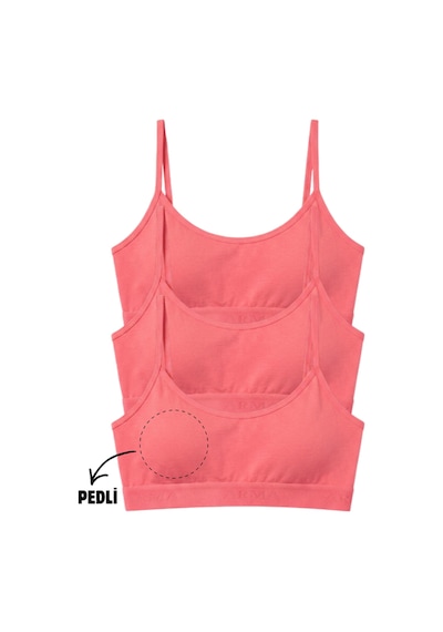 Genç Kız İp Askılı Çıkarılabilir Pedli Yarım Atlet Alıştırma Sütyeni 3'lü Paket Pembe Pembe