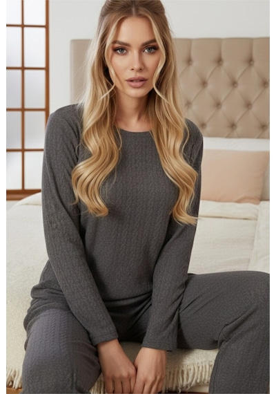 Siyah İnci Şardonlu Kışlık Örme Pijama Takım25226002 Antrasit