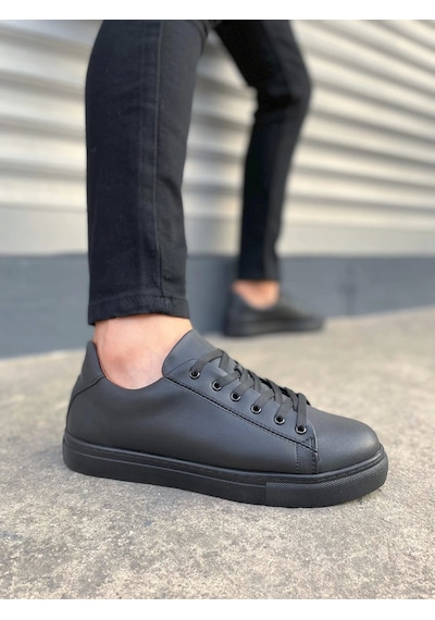 Jy122 Mode Bağcıklı Cilt Erkek Günlük Sneaker Ayakkabı Cst - Siyah Siyah