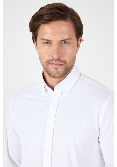 İmza Beyaz Uzun Kol Düğmeli Yaka Cepsiz Performans Ürün Slim Fit Gömlek 1004250270 Beyaz