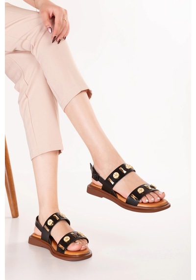 Gondol Hakiki Deri Vaketa Tarzı Günlük Sandalet Crm.252 Siyah