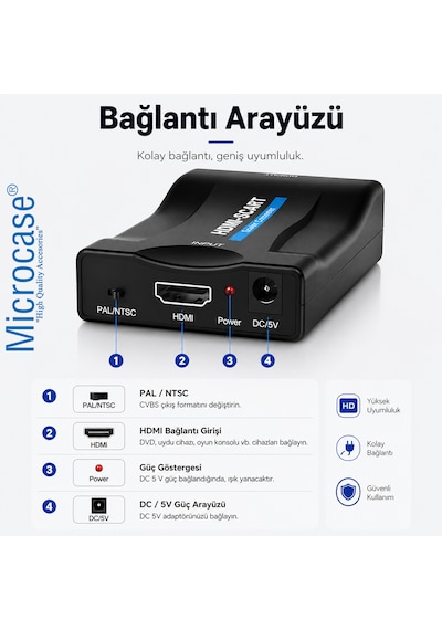 Microcase Hdmı To Scart Dönüştürücü 1080p Adaptör Güç Adaptörlü Çevirici Al5747 Siyah
