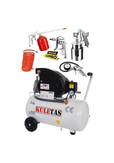 Kuletaş 2201 - 2400 Watt 50 Litre Yağlı Sesli Hava Kompresörü 8 Bar Ve Havalı Alet Seti 5 Parça 600-650 50