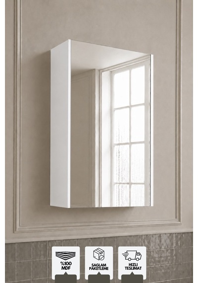 Mimoza 50 Cm, Üst Modül Banyo Dolabı, Tek Kapaklı Aynalı Dolap, Mdf Beyaz