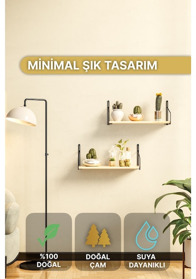 Bino Masif Ahşap Duvar Rafı  Lüks Dekoratif Banyo Mutfak Rafı 2'li