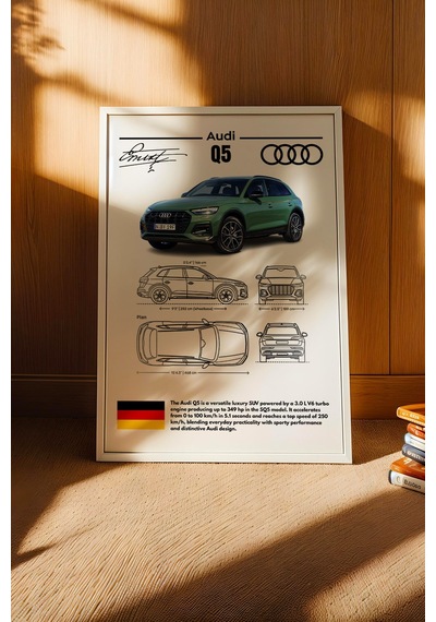 Audi Q5 Tablo - Teknik Özellikli Alman Lüks Suv Poster - Çerçeveli Duvar Dekoru - Araba Blueprint Beyaz
