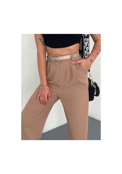 Gugus Kadın Palazzo Kemer Detaylı Bol Paça Wide Leg Pantolon Krem