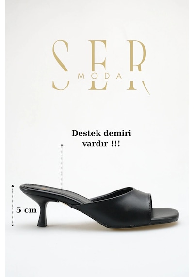 Sermoda Topuklu Kadın Terlik - 5 Cm İnce Topuklu Küt Burun Kadın Terlik Siyah