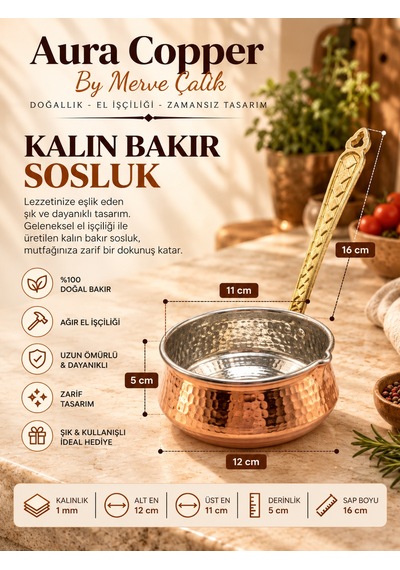 Aura Copper Kalın Bakır Sosluk 12 Cm 1 Mm El Dövmesi Uzun Saplı Sos Tavası Ss-00001