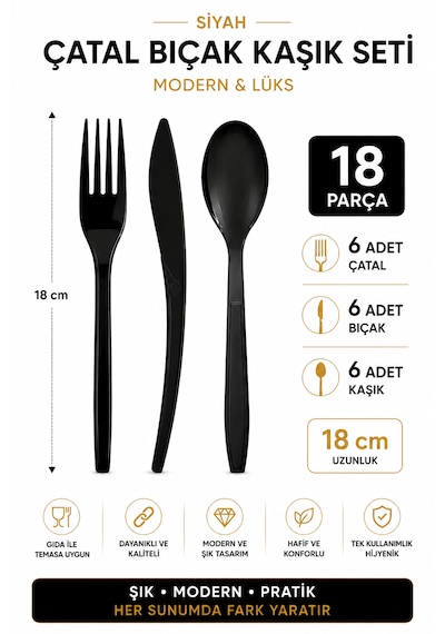 Siyah Plastik Çatal Bıçak Kaşık Seti 18 Cm 18 Parça Modern Lüks