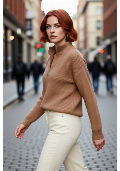 Ersefa Kadın Oversize Basic Dokulu Uzun Kollu Fermuarlı Dik Yaka Selanik Camel
